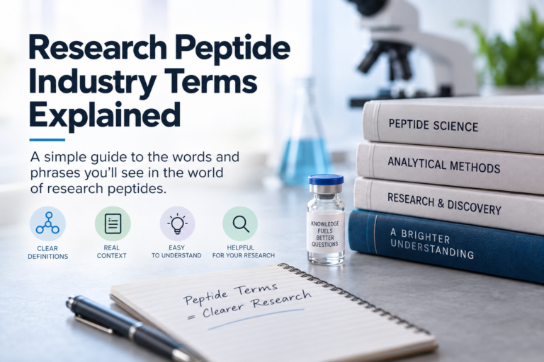 Research peptide terminology guide with peptide science books, laboratory vial, microscope and research notes